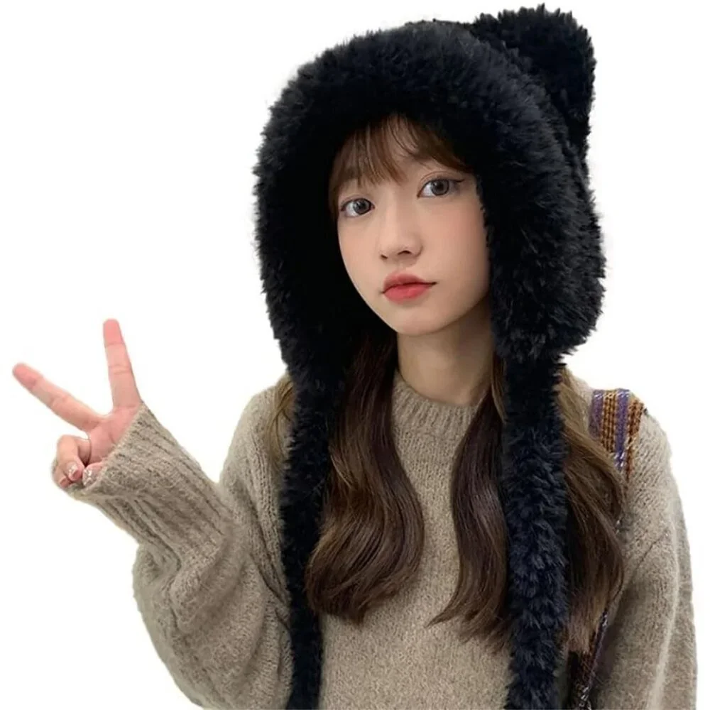 Women Black Winter Beanie Hats Knit Ear Flaps Cute Stuffed Bear Ears Fleece
